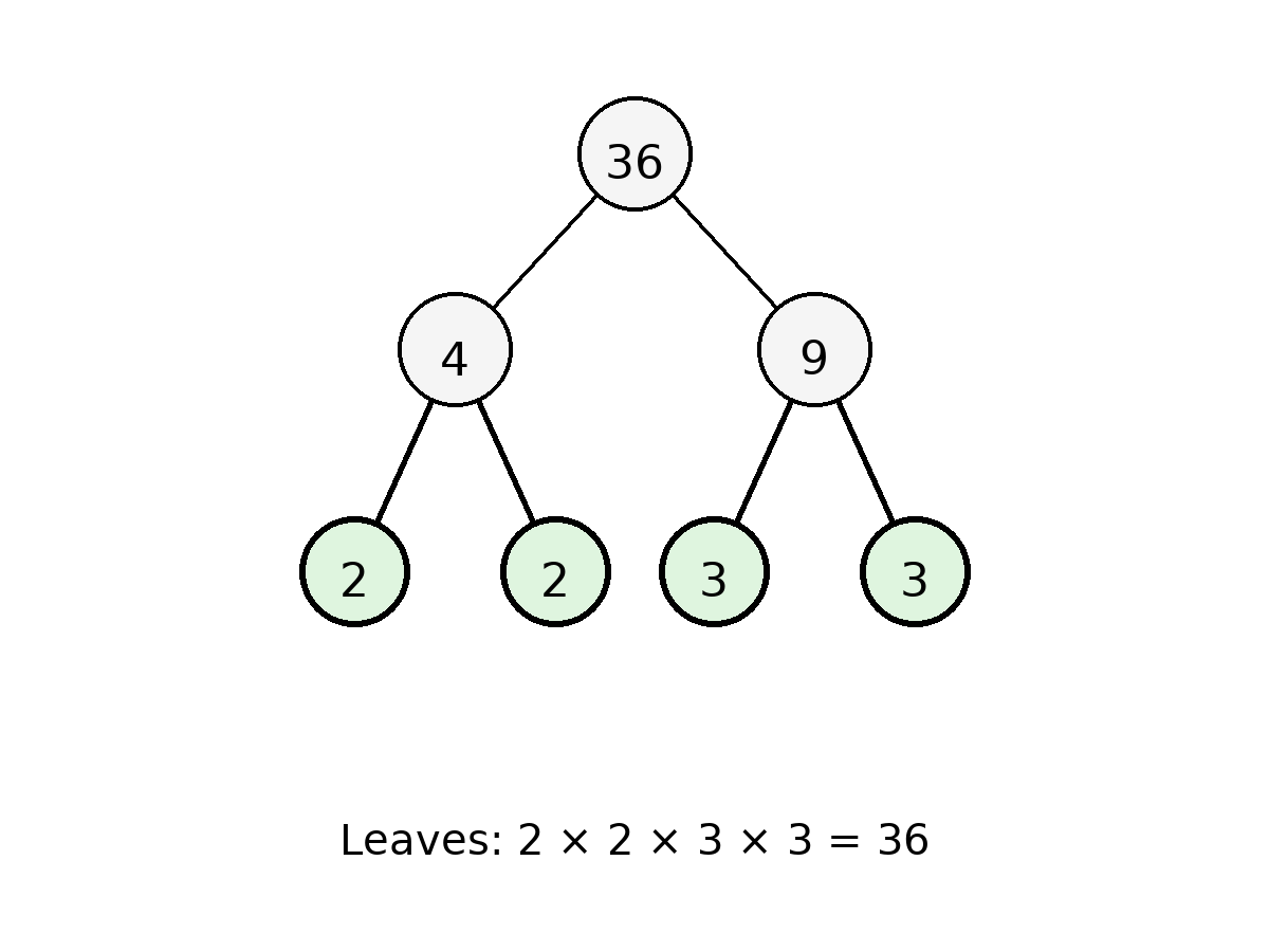 Factor tree for 36 showing splits 36→4×9, 4→2×2, and 9→3×3, with prime leaves 2, 2, 3, 3 circled
