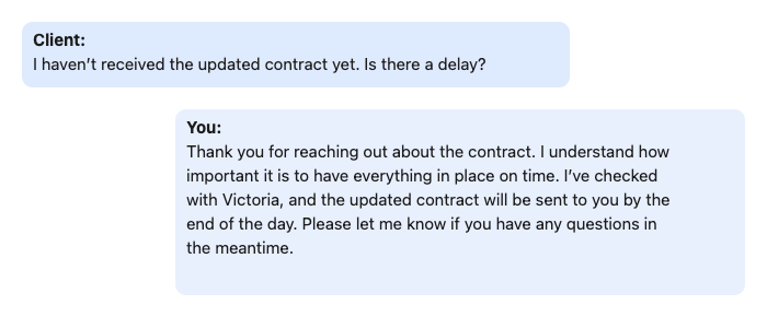 Client and Executive Assistant interaction regarding a delayed contract and the EA using the CLEAR framework to address the client