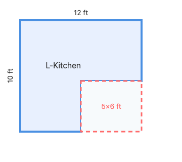 12ft long and 10ft wide L-Shaped Kitchen diagram with 5ft wide by 6ft tall section missing