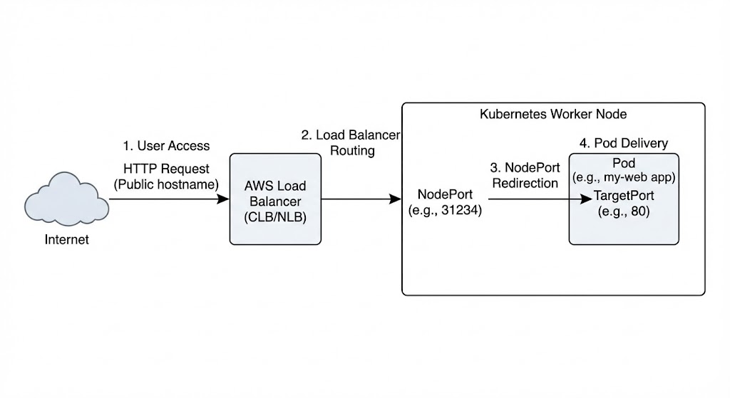 A diagram that traces external traffic from the internet through an AWS Load Balancer to a specific NodePort on a worker node, which finally directs the request to the application Pod. It clarifies how the LoadBalancer service type uses the NodePort as an intermediary hop to bridge cloud infrastructure and internal Kubernetes networking.