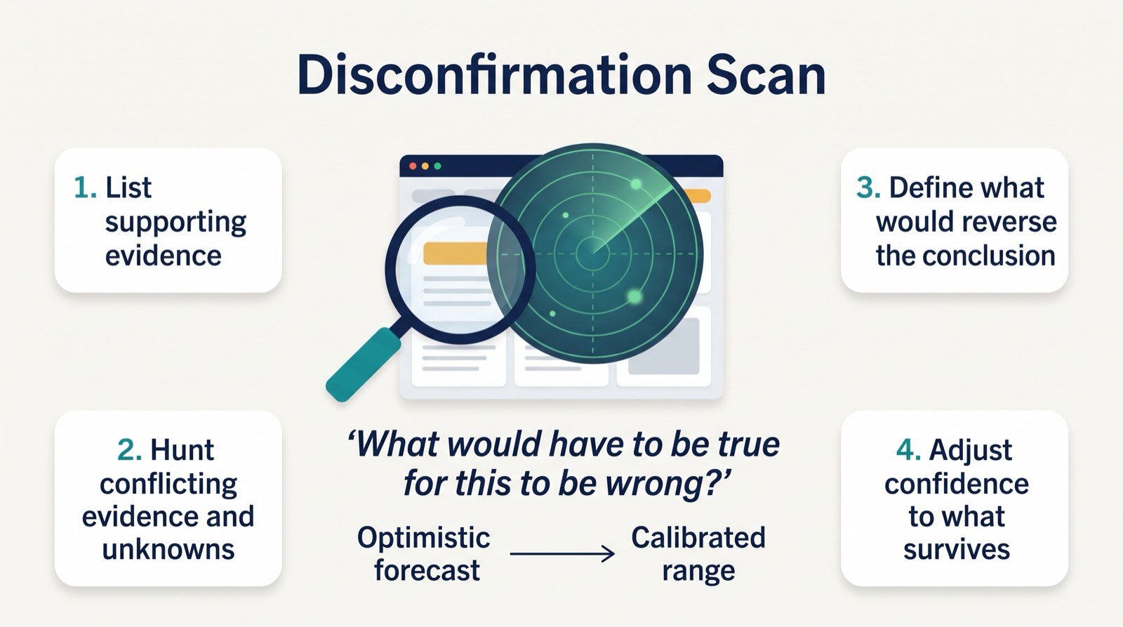 A Disconfirmation Scan visual: a scanner sweeps across a forecast, finding supporting evidence, conflicting evidence, unknowns, and the signal that would reverse the call.