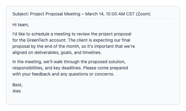 Email Example of communicating a calendar invite