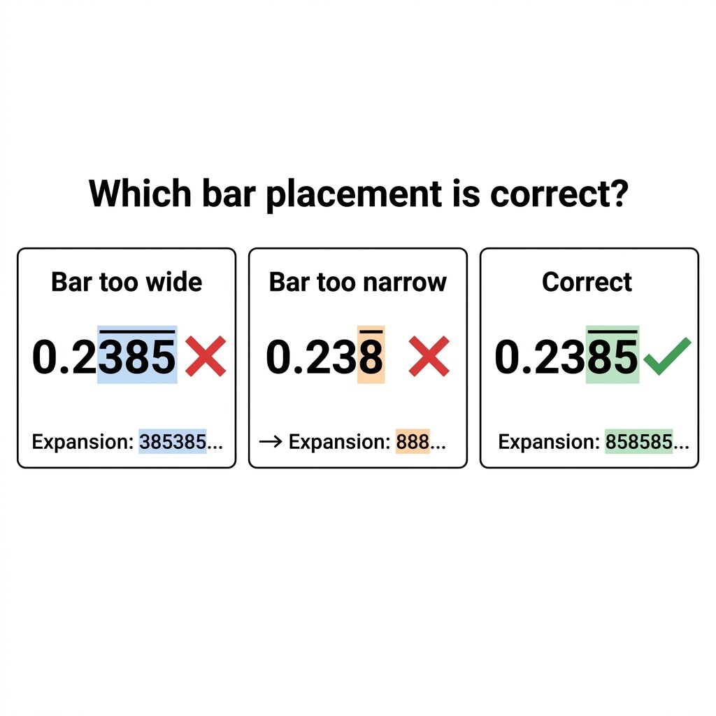 Three-panel illustration comparing bar-too-wide, bar-too-narrow, and correct bar placement for 0.238585858...