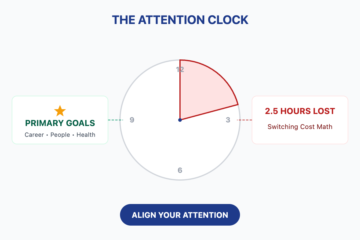 A clock face with a red wedge spanning 2.5 hours, labeled as time lost to phone checks. On the left is a green badge with a gold star representing primary goals in Career, People, and Health.