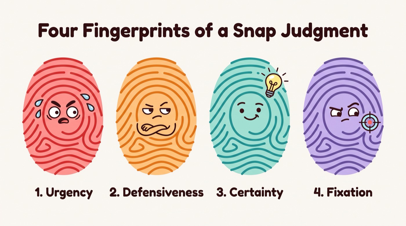The four fingerprints of a snap judgment shown as cartoon fingerprints: urgency, defensiveness, certainty, and fixation