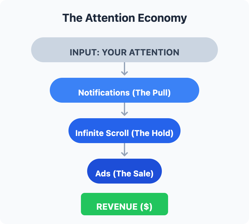 A vertical diagram illustrating the attention economy. It shows "Your Attention" entering at the top and being filtered through layers of "Notifications," "Infinite Scroll," and "Ads," ultimately resulting in "Platform Revenue" at the bottom.