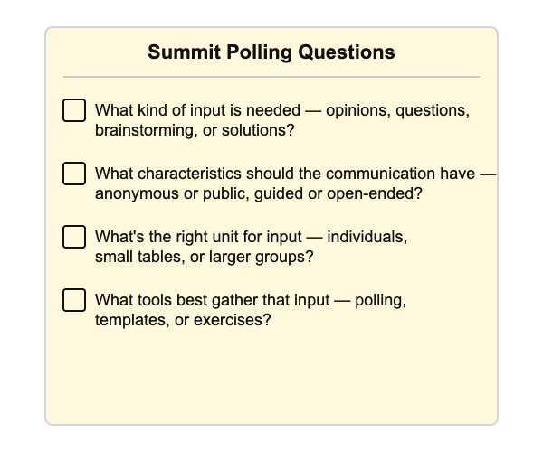 What kind of input is neded? What characteristics should the communication have? What's the right unit from which to get that kind of input? What are the most effective tools for gathering that kind of input from that unit?